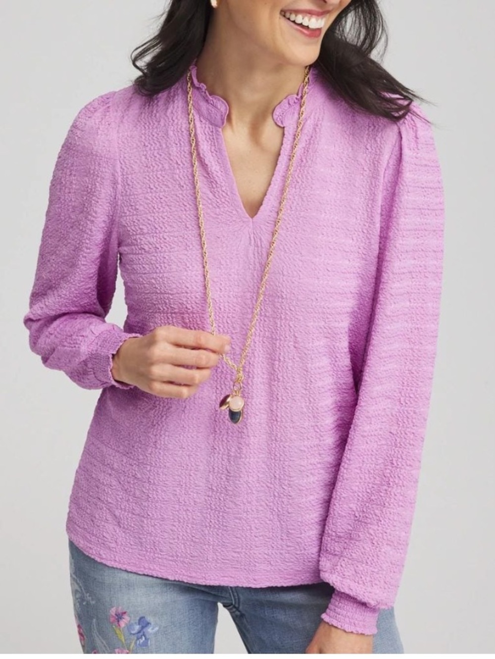 Chico's Lavender Textured V-Neck Long Sleeve Top Large Ruffled